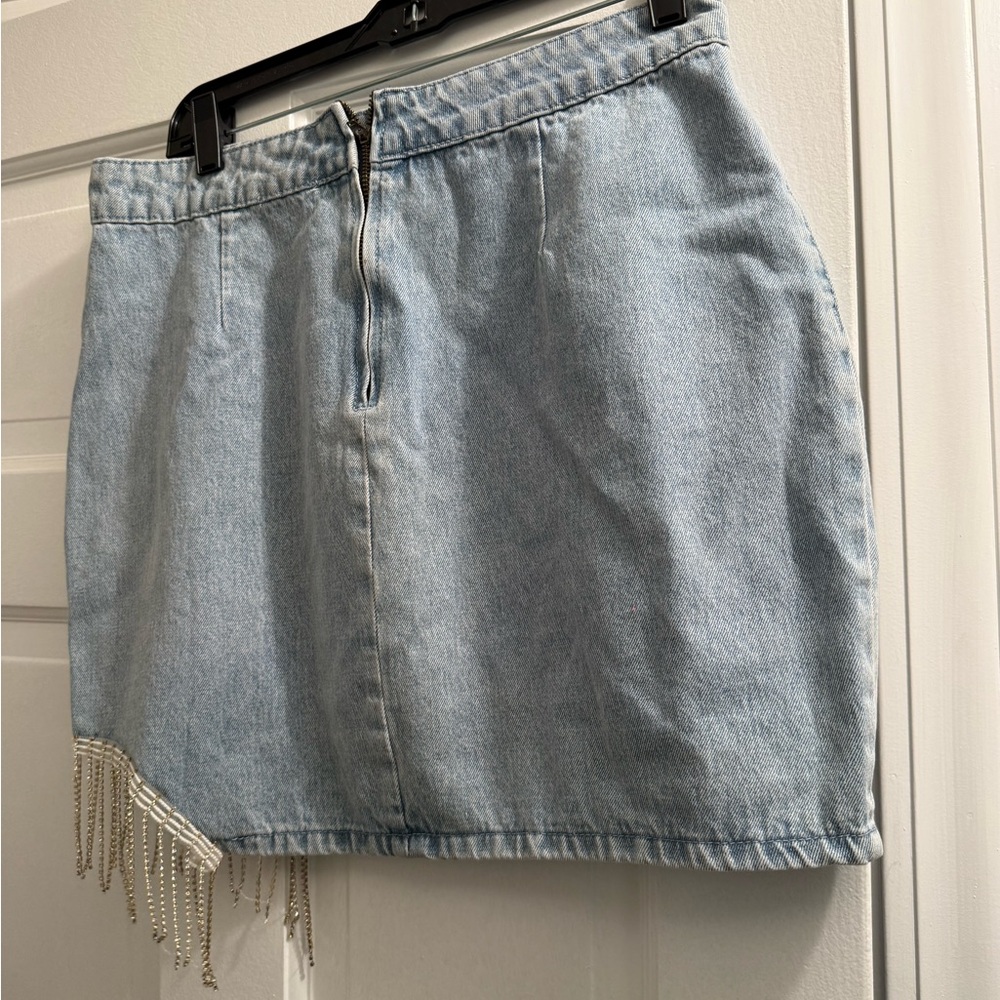 Pink Lily Light Blue Denim Skirt with Beaded Fringe